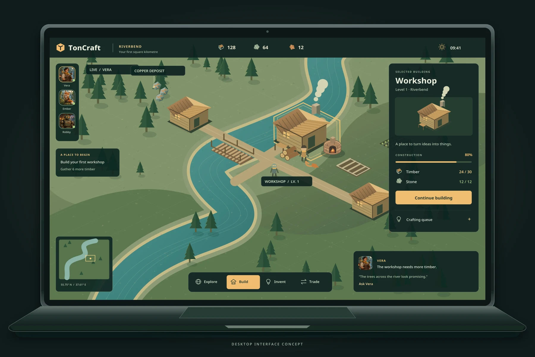 TonCraft interface design on a notebook: isometric Riverbend settlement, resource counters, character rail, workshop construction and companion advice