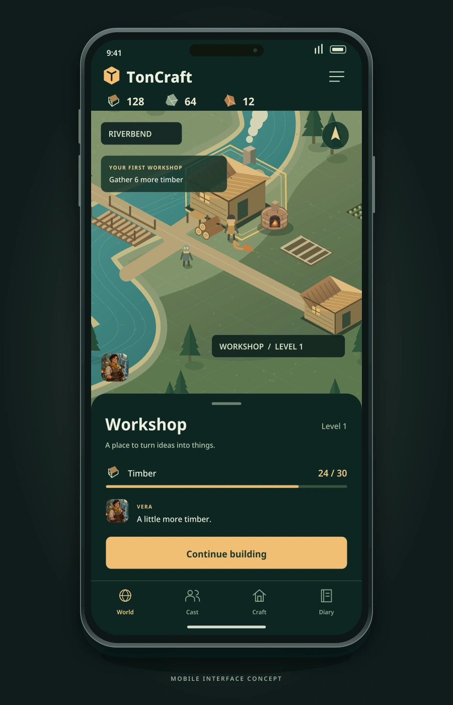 TonCraft interface design on a smartphone: the same Riverbend workshop with touch controls, construction progress and World, Cast, Craft and Diary navigation